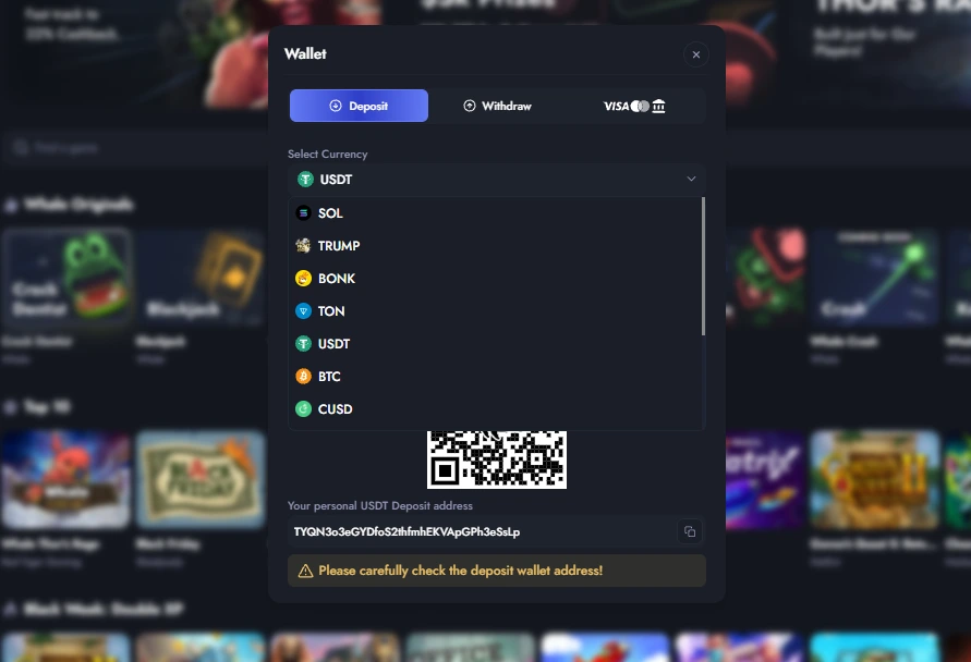 Casino Wallet Interface showing USDT Deposit for Liquidity Pool Hedging